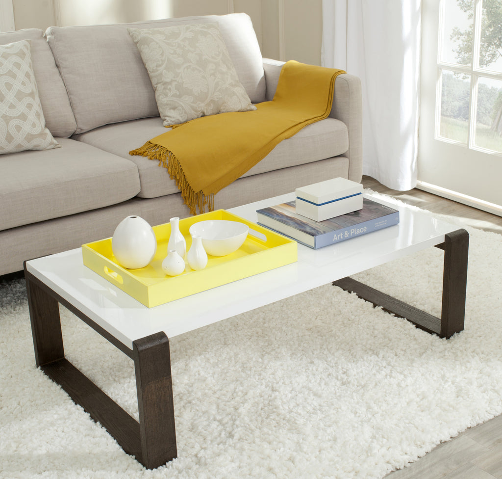 Safavieh Bartholomew Mid Century Scandinavian Lacquer Coffee Table White and Dark Brown Furniture  Feature