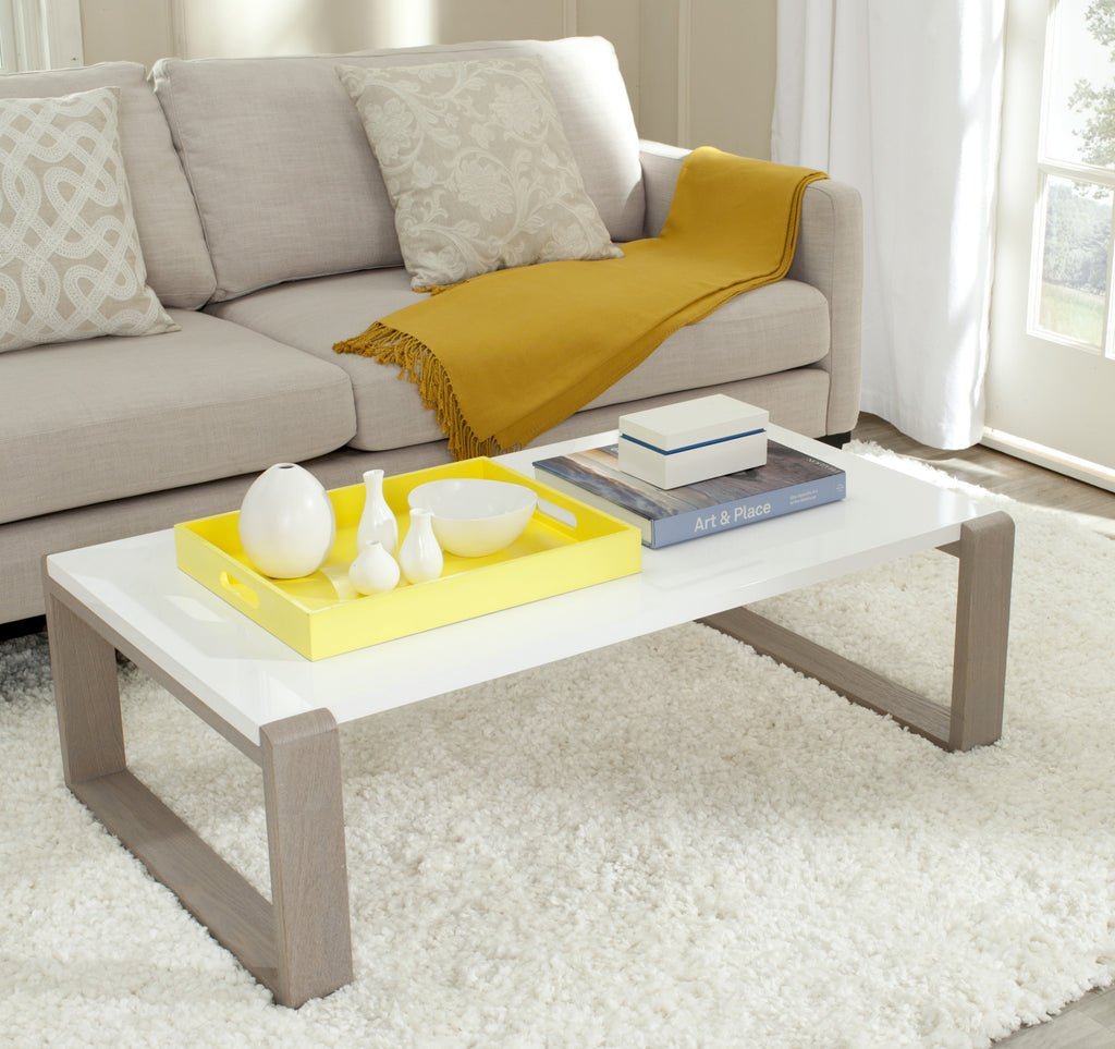 Safavieh Bartholomew Mid Century Scandinavian Lacquer Coffee Table White and Grey Furniture  Feature