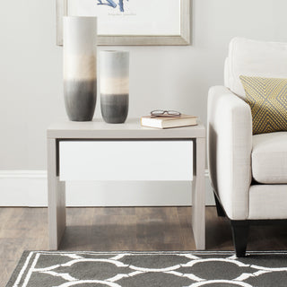 Safavieh Jonco Mid Century Scandinavian One Drawer Side Table Grey and White Furniture  Feature