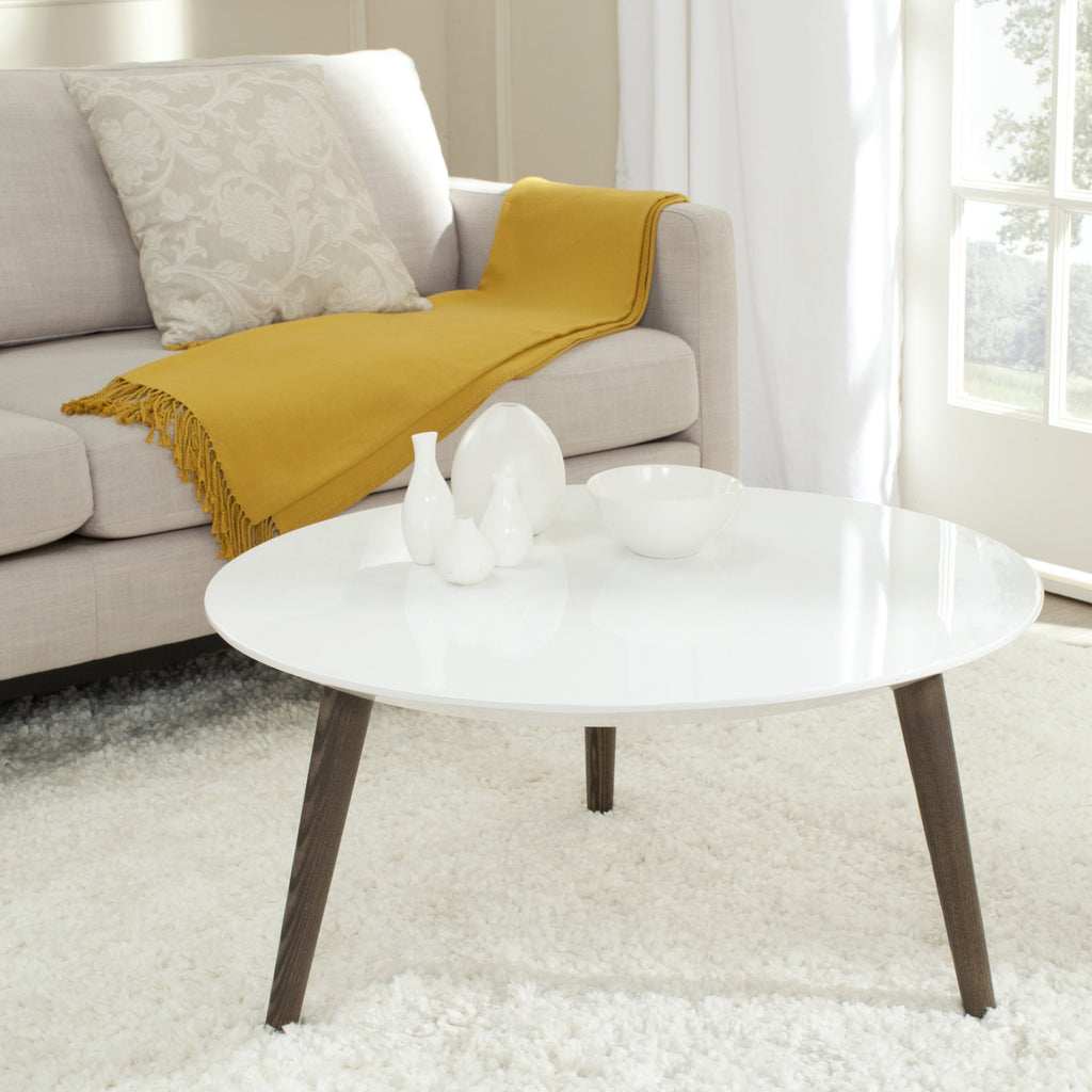 Safavieh Josiah Retro Mid Century Round Lacquer Accent Table White and Dark Brown Furniture  Feature