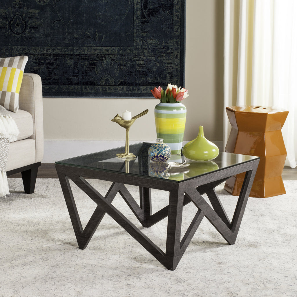 Safavieh Radley Mid Century Glass Top Coffee Table Dark Grey Furniture  Feature