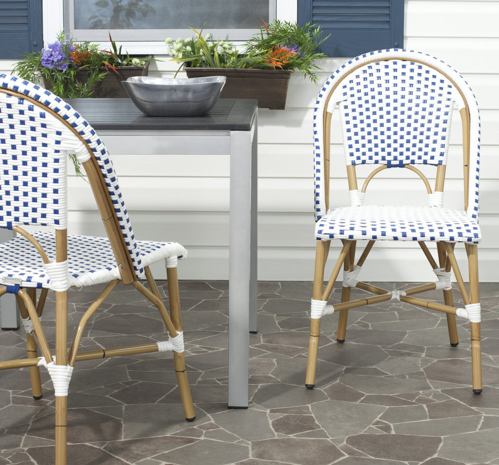 Safavieh Salcha Indoor-Outdoor French Bistro Stacking Side Chair Blue/White/Light Brown  Feature