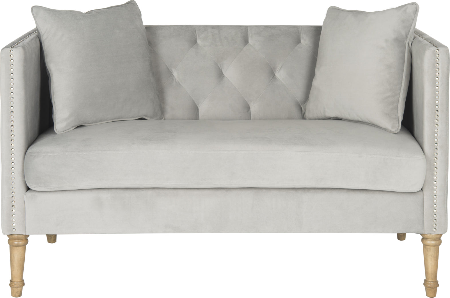 Safavieh Sarah Tufted Settee With Pillows Grey and Washed Oak Furniture main image