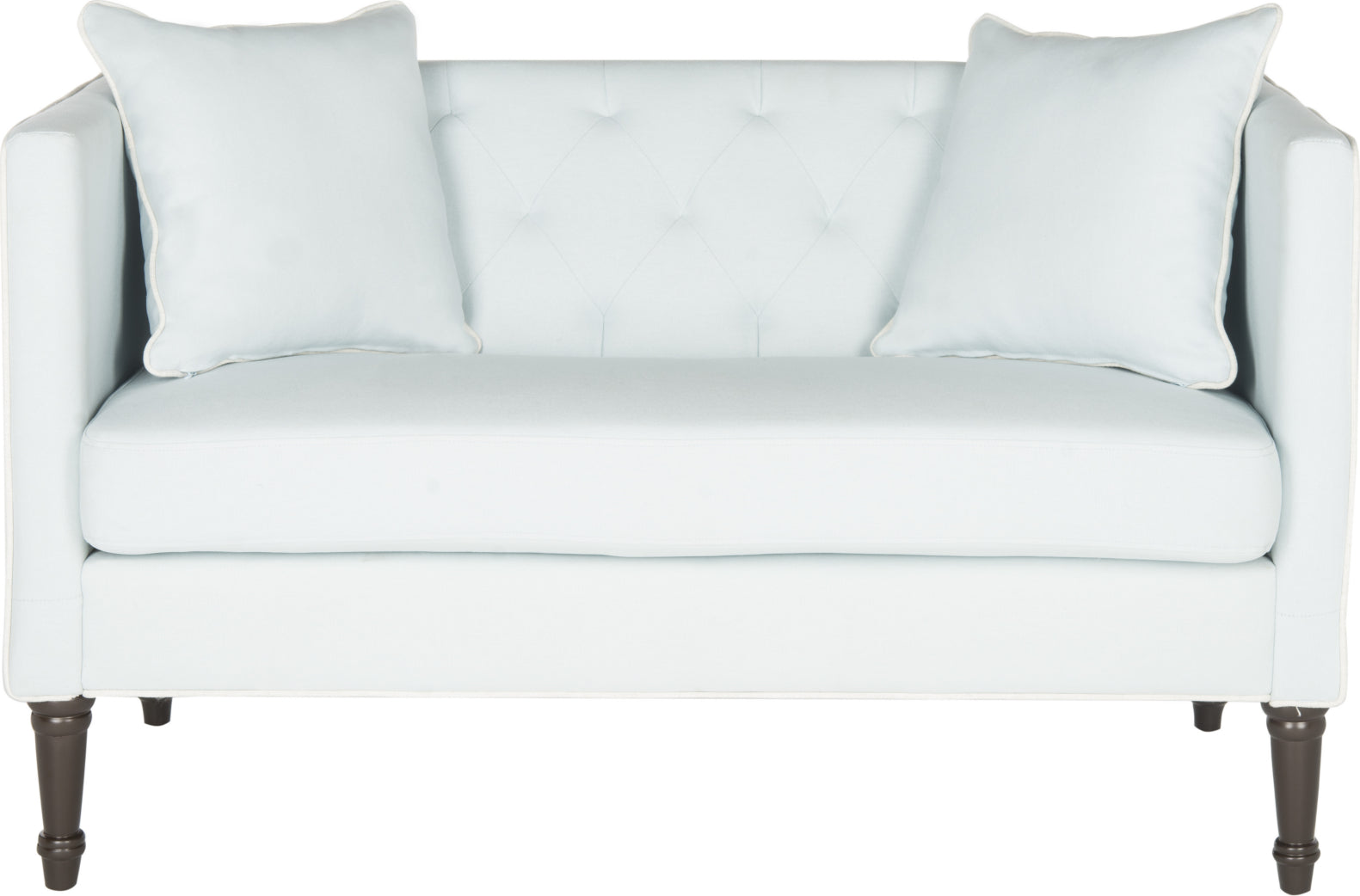 Safavieh Sarah Tufted Settee With Pillows Powder Blue and White Espresso Furniture main image