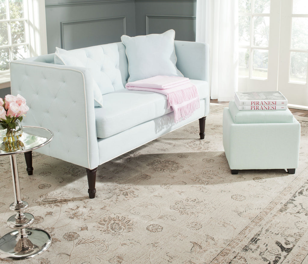 Safavieh Sarah Tufted Settee With Pillows Powder Blue and White Espresso Furniture  Feature