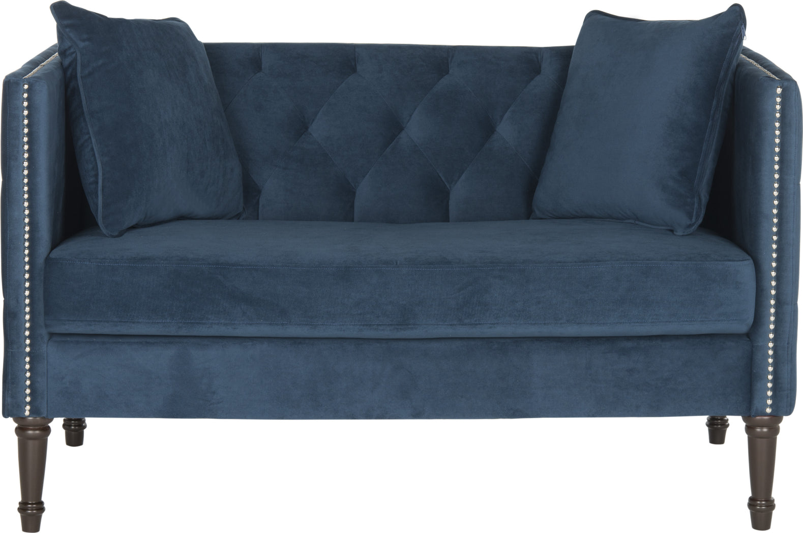 Safavieh Sarah Tufted Settee With Pillows Navy and Espresso Furniture main image