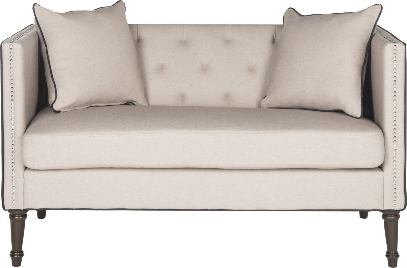 Safavieh Sarah Tufted Settee With Pillows Taupe and Black Espresso Furniture main image