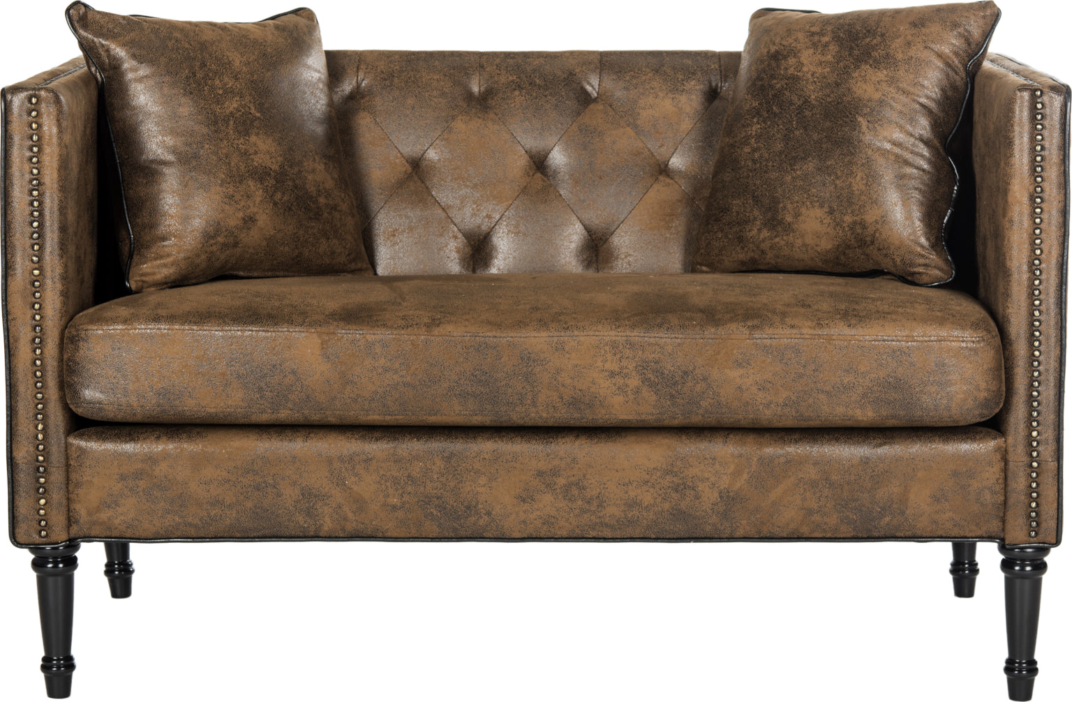 Safavieh Sarah Tufted Settee With Pillows Vintage Brown and Espresso Furniture main image