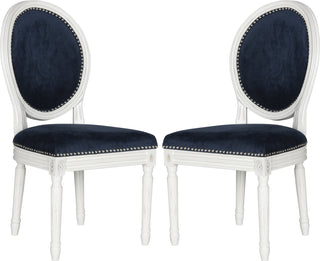 Safavieh Holloway 19''H French Brasserie Velvet Oval Side Chair-Silver Nail Heads Navy and Cream Furniture 