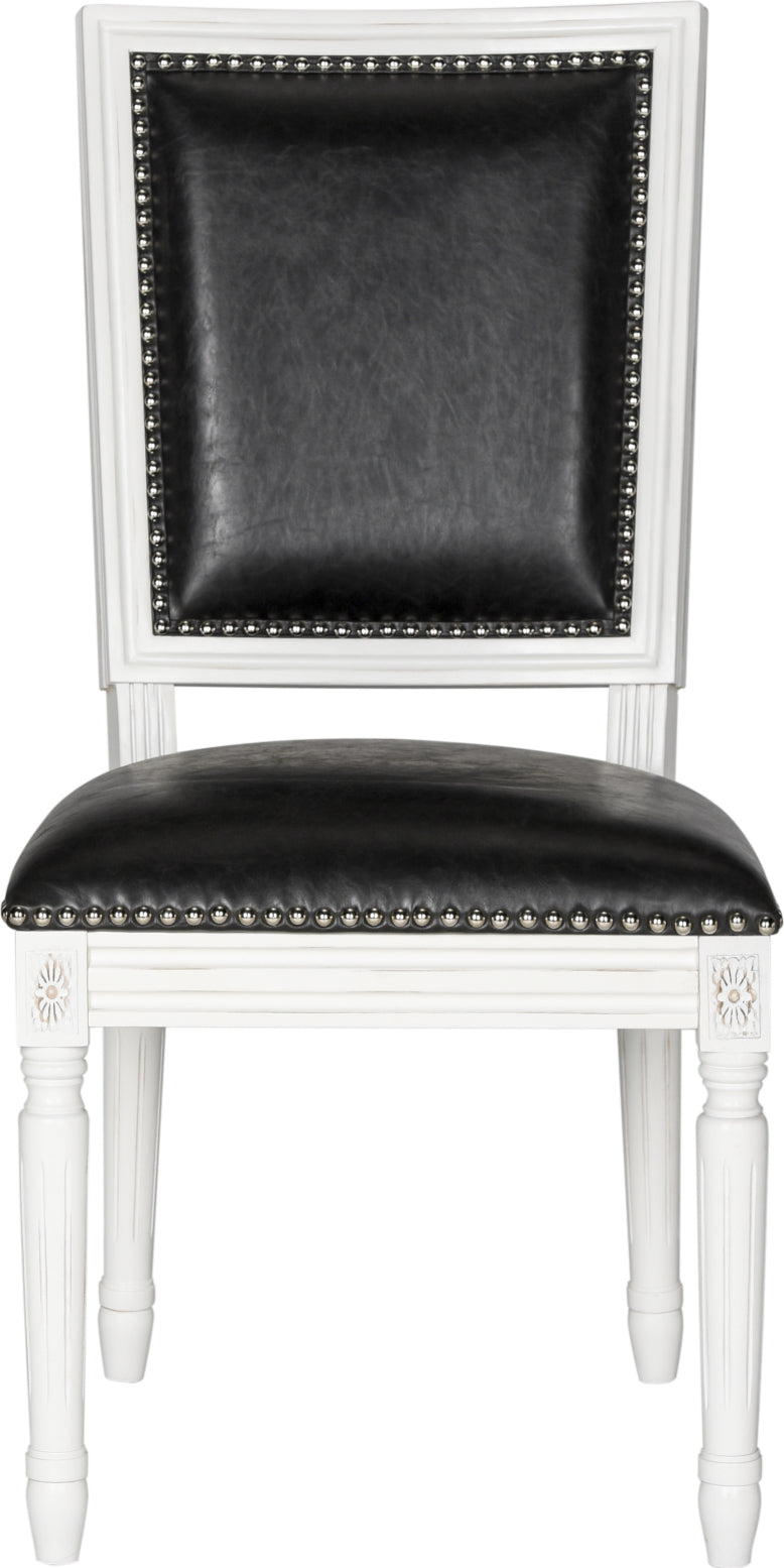 Safavieh Buchanan 19''H French Brasserie Leather Rect Side Chair-Silver Nail Heads Black and Cream Furniture main image