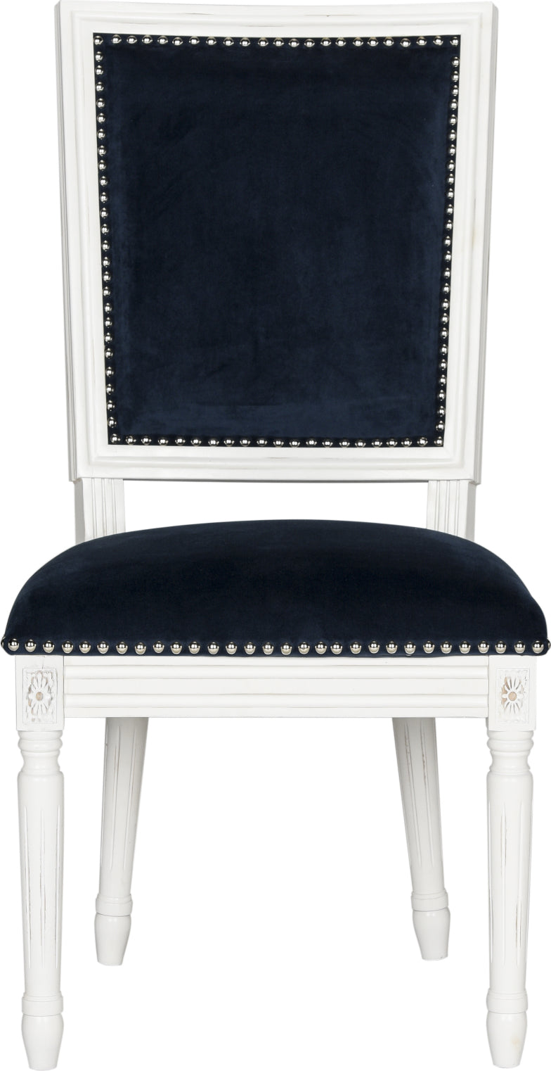 Safavieh Buchanan 19''H French Brasserie Velvet Rect Side Chair-Silver Nail Heads Navy and Cream Furniture main image