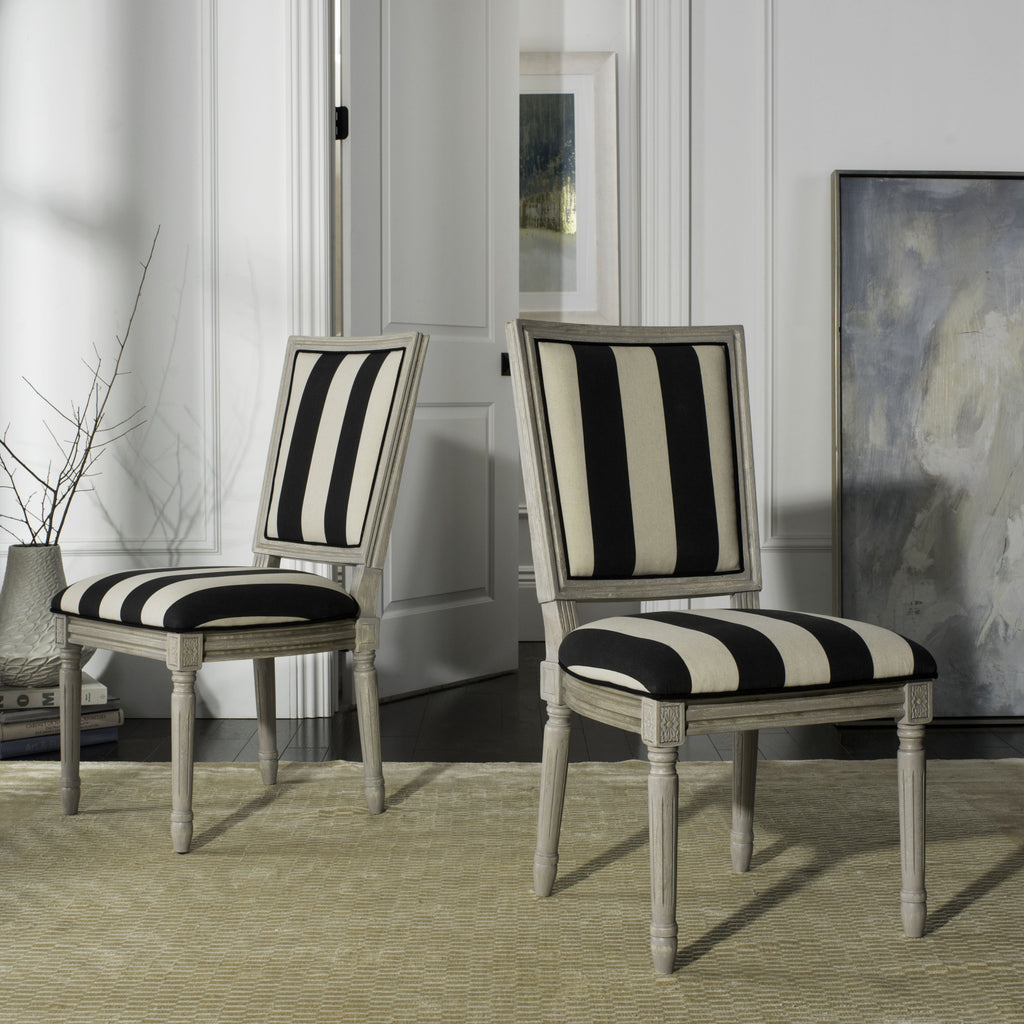 Safavieh Buchanan French Brasserie Striped Linen Rect Side Chair Black and Ivory Rustic Grey  Feature