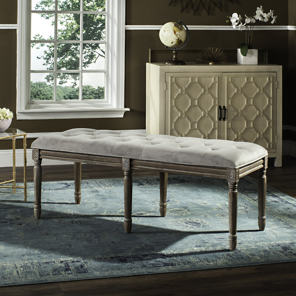 Safavieh Rocha French Brasserie Tufted Traditional Rustic Wood Bench Grey and Oak  Feature