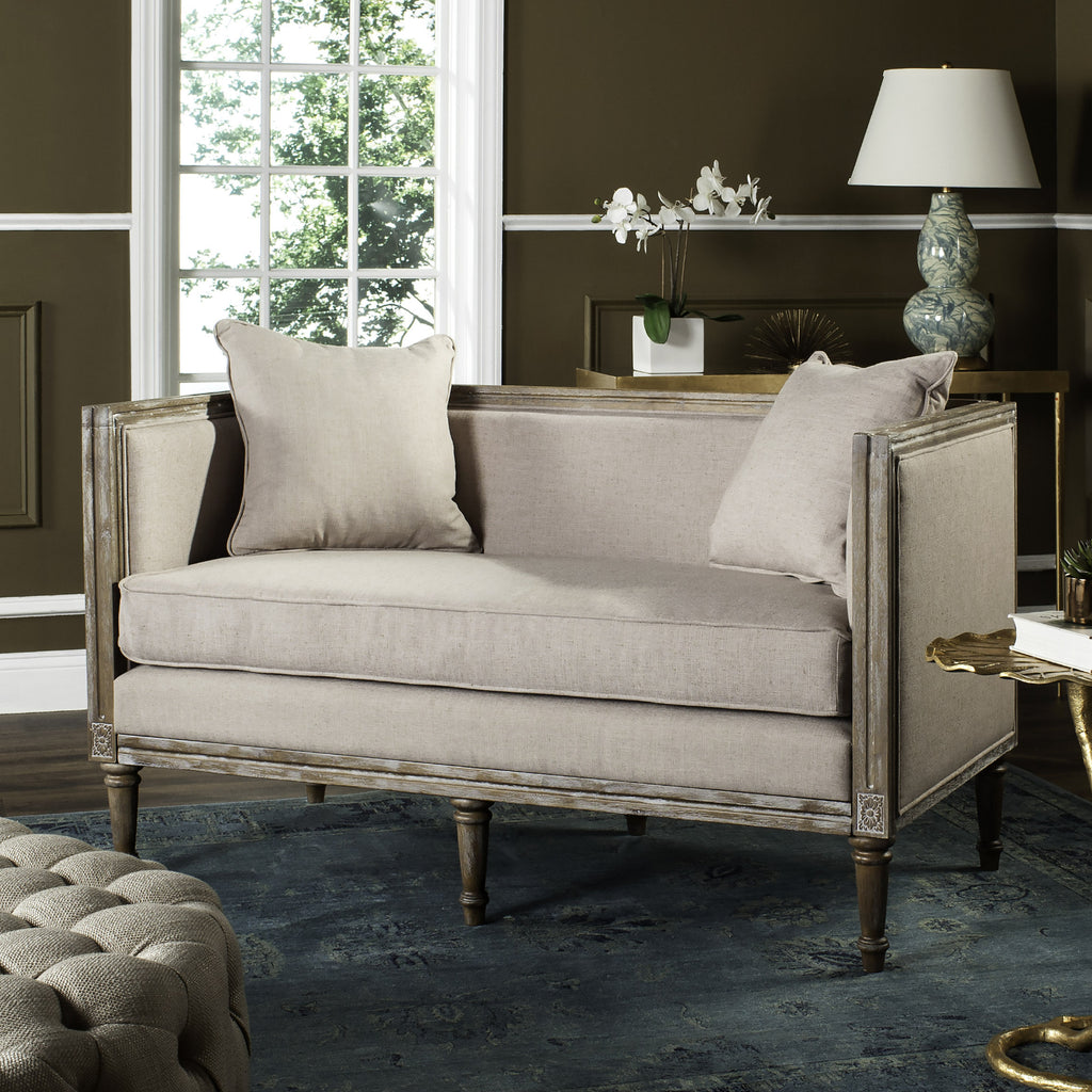 Safavieh Leandra Linen French Country Settee Taupe and Rustic Oak Furniture  Feature