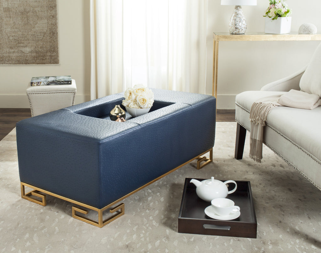 Safavieh Julian Faux Ostrich Tray Ottoman/Coffee Table Navy and Espresso  Feature