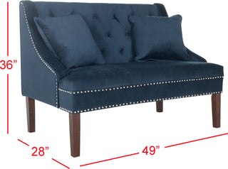 Safavieh Zoey Velvet Settee With Silver Nailheads Navy and Espresso Furniture 