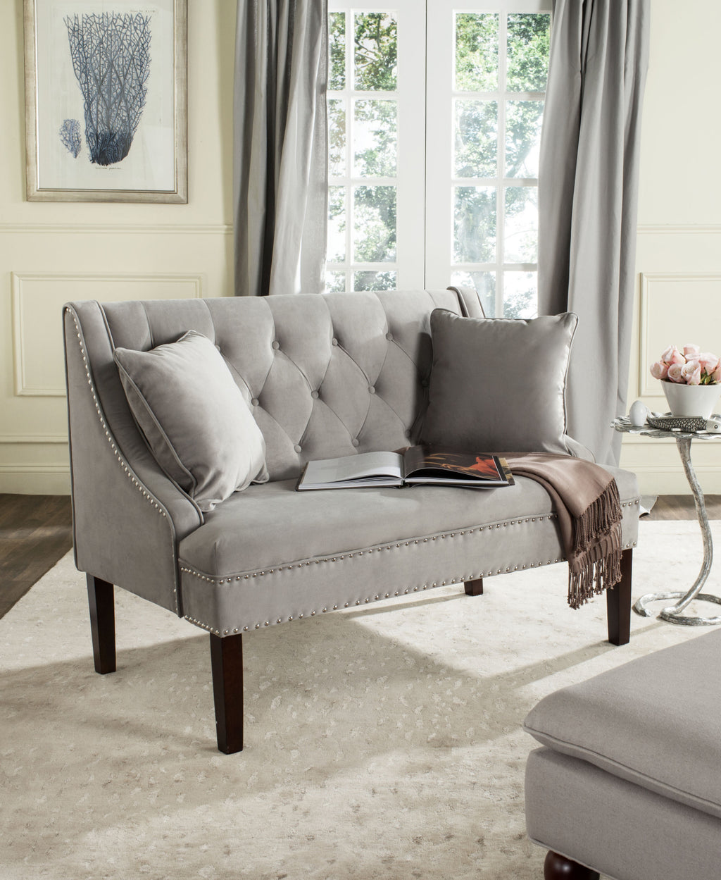 Safavieh Zoey Velvet Settee With Silver Nailheads Grey and Espresso  Feature