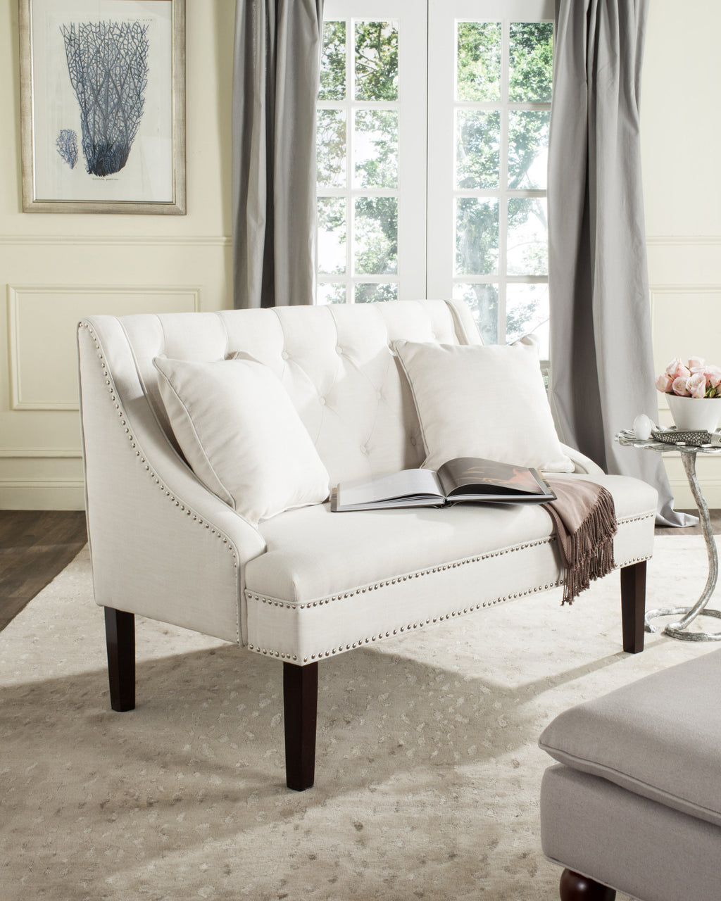 Safavieh Zoey Linen Settee With Silver Nailheads Light Beige and Espresso  Feature