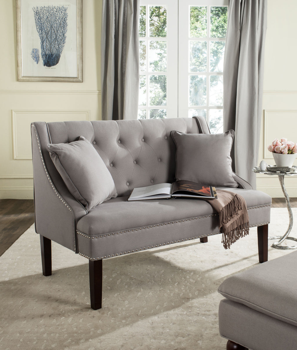 Safavieh Zoey Linen Settee With Silver Nailheads Taupe and Espresso  Feature
