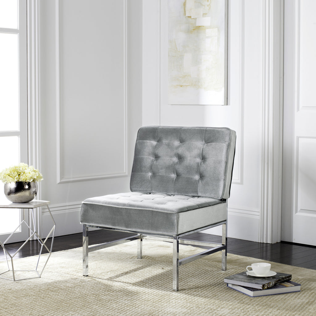 Safavieh Ansel Modern Tufted Linen Chrome Accent Chair Light Grey  Feature