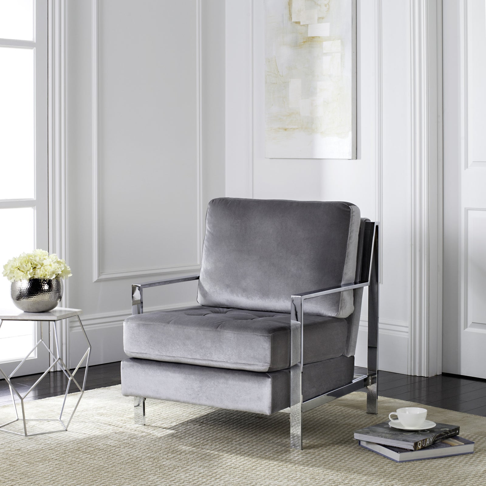 Accent Chair Grey Velvet Chair With Chrome Legs Safavieh Walden