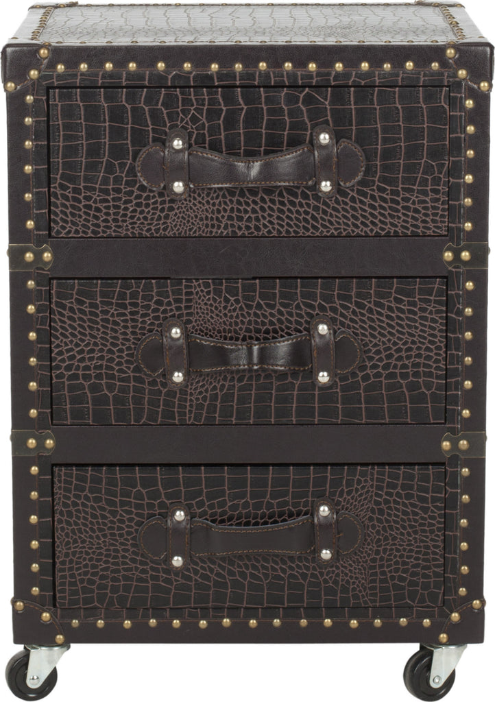 Safavieh Llyoyd Three Drawer Rolling Chest/Dark Brown Croc Leather-Black Black and Silver Furniture main image