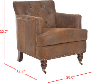 Safavieh Colin Tufted Club Chair With Brass Nail Heads Brown and Cherry Mahogany Furniture 