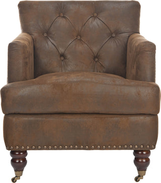 Safavieh Colin Tufted Club Chair With Brass Nail Heads Brown and Cherry Mahogany Furniture Main