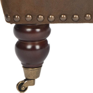 Safavieh Colin Tufted Club Chair With Brass Nail Heads Brown and Cherry Mahogany Furniture 