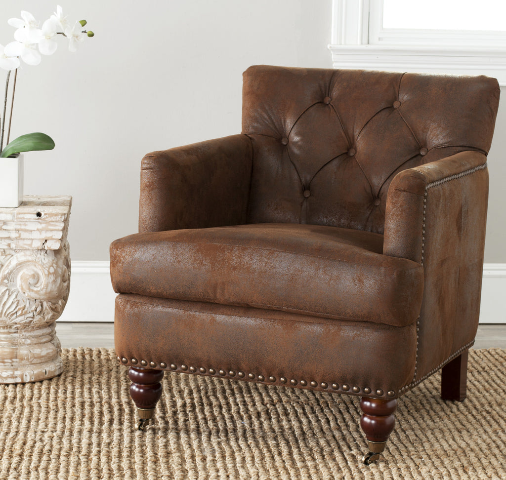 Safavieh Colin Tufted Club Chair With Brass Nail Heads Brown and Cherry Mahogany  Feature