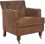 Safavieh Colin Tufted Club Chair With Brass Nail Heads Brown and Cherry Mahogany Furniture 