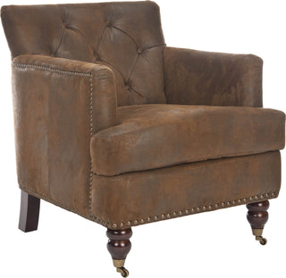 Safavieh Colin Tufted Club Chair With Brass Nail Heads Brown and Cherry Mahogany Furniture 