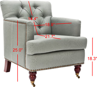 Safavieh Colin Tufted Club Chair With Brass Nail Heads Sea Mist and Cherry Mahogany Furniture 