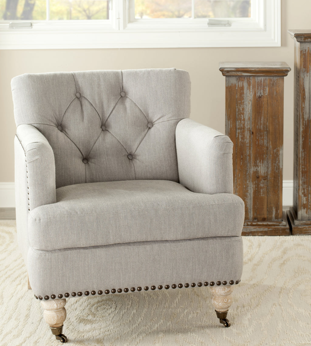 Safavieh Colin Tufted Club Chair With Brass Nail Heads Stone and Grey White Wash Furniture  Feature