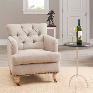 Safavieh Colin Tufted Club Chair With Brass Nail Heads Stone and Grey White Wash Furniture 