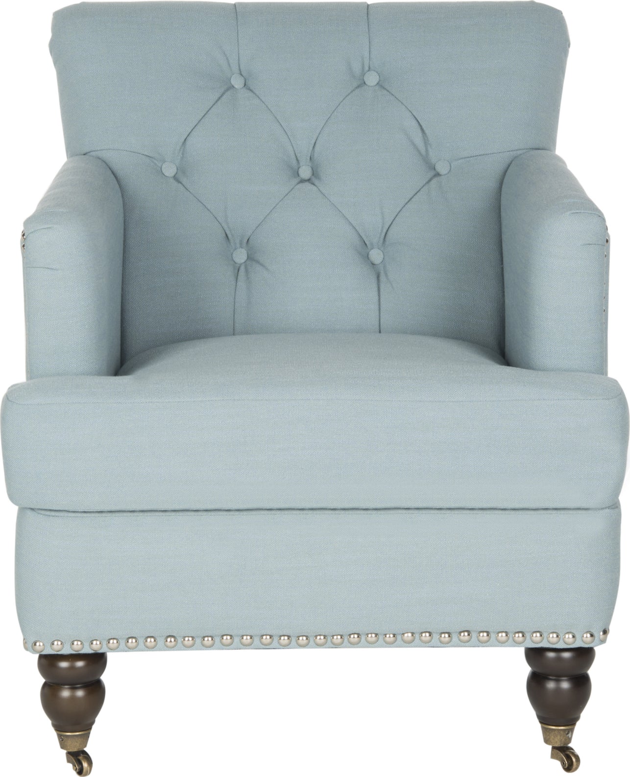 Safavieh Colin Tufted Club Chair With Brass Nail Heads Sky Blue and Dark Brown Furniture main image