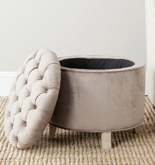 Safavieh Amelia Tufted Storage Ottoman Mushroom Taupe and Pickled Oak Furniture  Feature