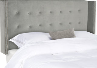 Safavieh Keegan Pewter Velvet Tufted Winged Headboard-Silver Nail Head Bedding 