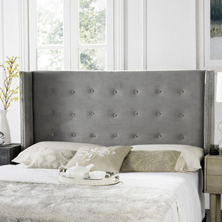 Safavieh Keegan Pewter Velvet Tufted Winged Headboard-Silver Nail Head Bedding 