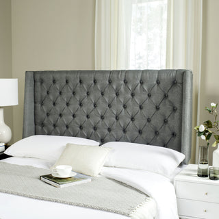 Safavieh London Grey Linen Tufted Winged Headboard-Flat Nail Heads Furniture  Feature