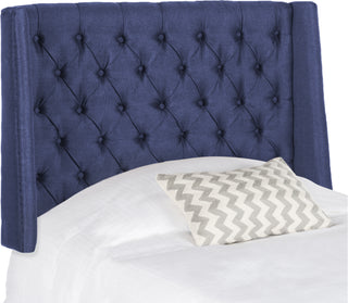 Safavieh London Navy Linen Tufted Winged Headboard-Flat Nail Heads Bedding 