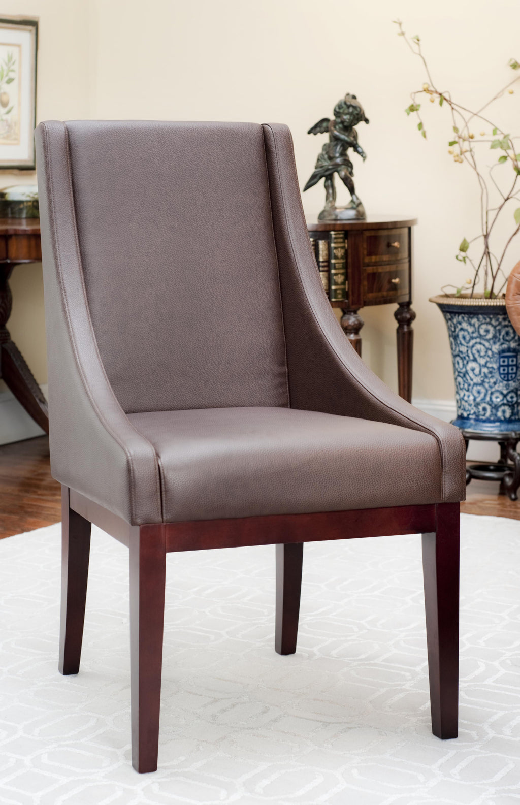 Safavieh Brown Leather Sloping Armchair and Dark Cherry Finish  Feature