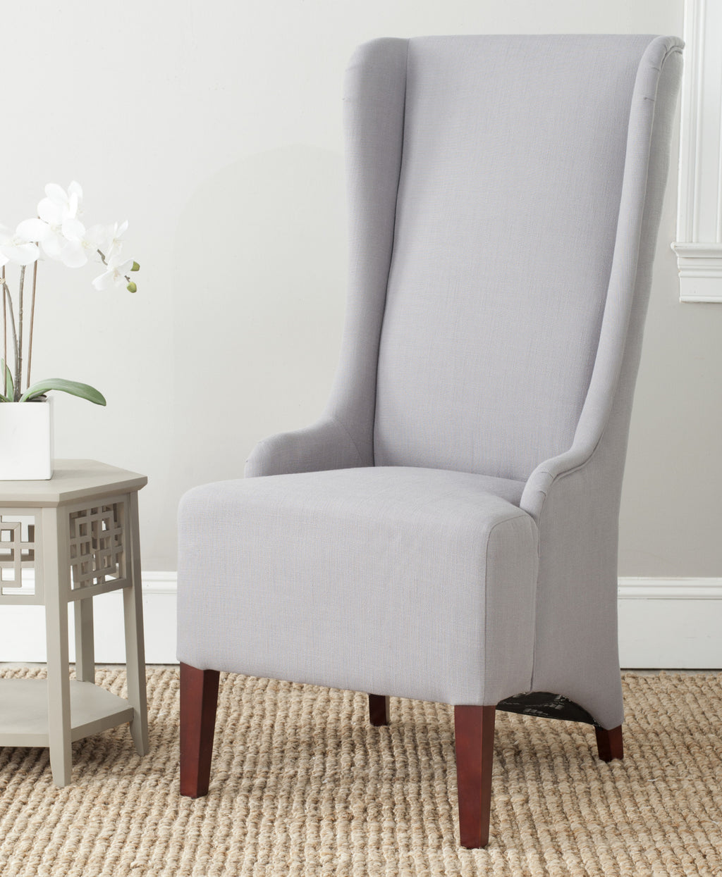 Safavieh Becall Linen Dining Chair Arctic Grey and Cherry Mahogany Furniture  Feature