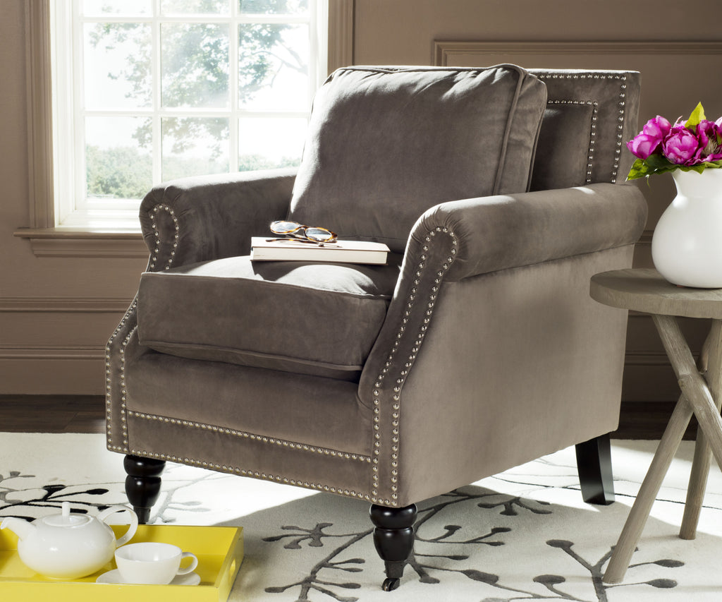 Safavieh Karsen Club Chair With Silver Nail Heads Mushroom Taupe and Espresso Furniture  Feature