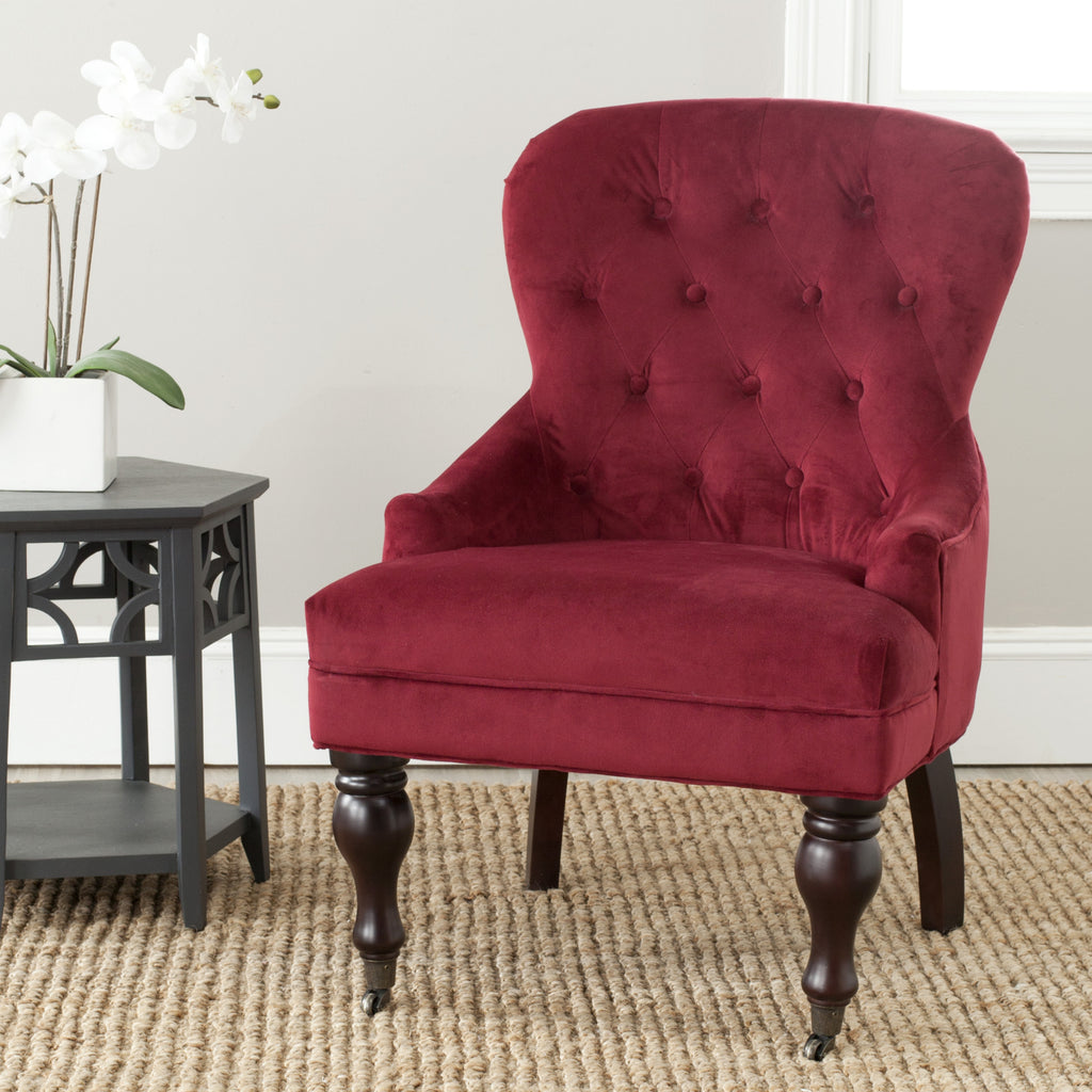 Safavieh Falcon Tufted Arm Chair Red Velvet and Java  Feature