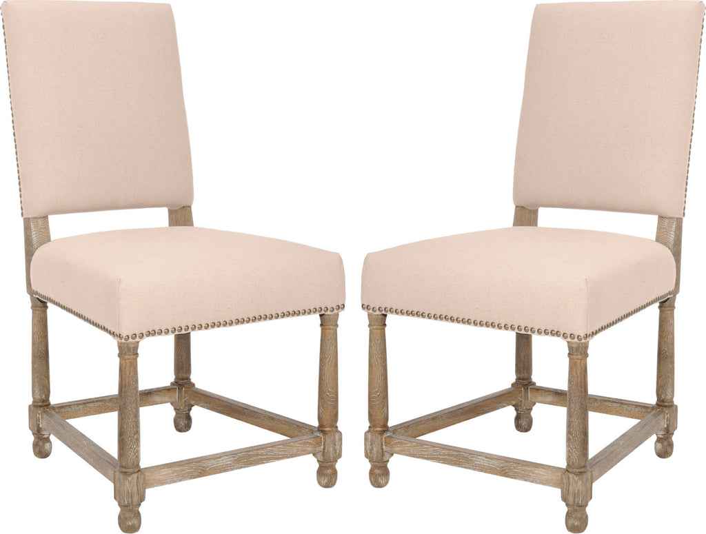 Safavieh Faxon Linen Side Chairs (SET Of 2)-Nickel Nail Heads Taupe and Pickled Oak Finish  Feature