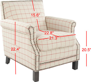 Safavieh Easton Club Chair In Plaid-Brass Nail Heads Taupe and Orange Espresso Furniture 