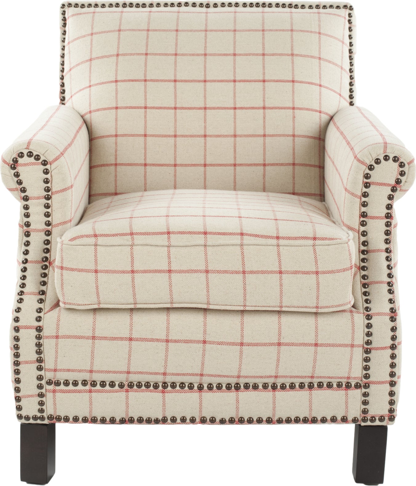 Safavieh Easton Club Chair In Plaid-Brass Nail Heads Taupe and Orange Espresso Furniture main image