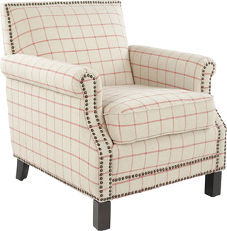 Safavieh Easton Club Chair In Plaid-Brass Nail Heads Taupe and Orange Espresso Furniture 