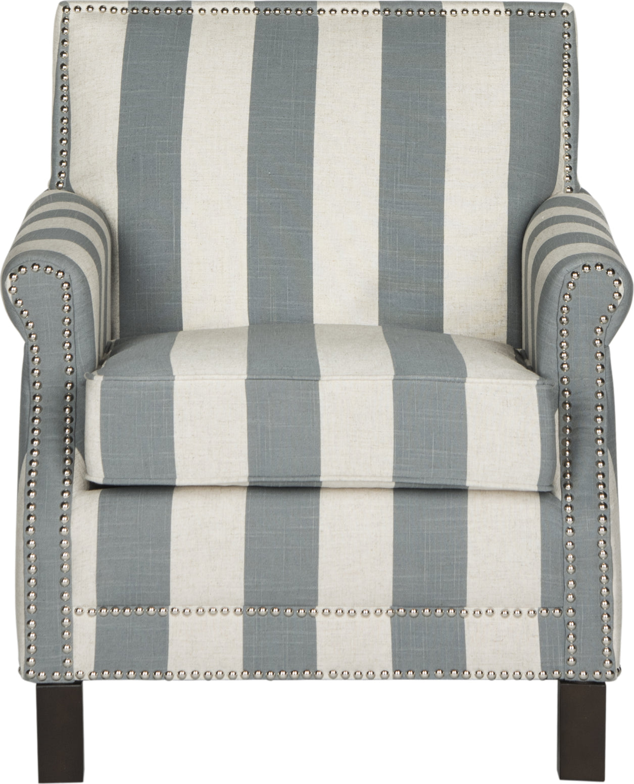 Safavieh Easton Club Chair With Awning Stripes-Silver Nail Heads Grey and White Espresso Furniture main image